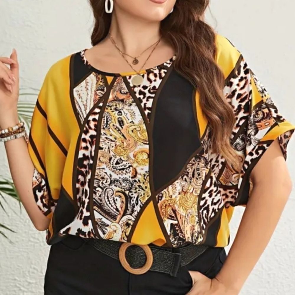 Plus size Colorblock Leopard Print Short Sleeve blouse sz 3X